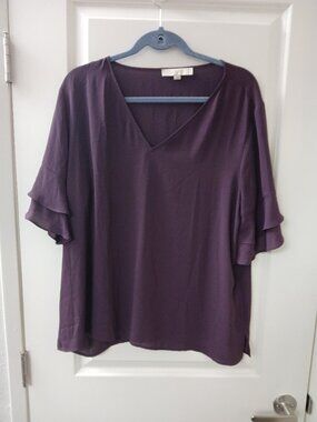 Loft Women's Dark Purple V-neck  Tiered Bell Sleeves Top